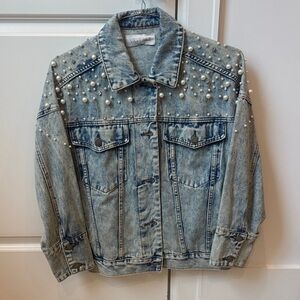 Blue Pearl-Embellished Denim Jean Jacket Women Size Small